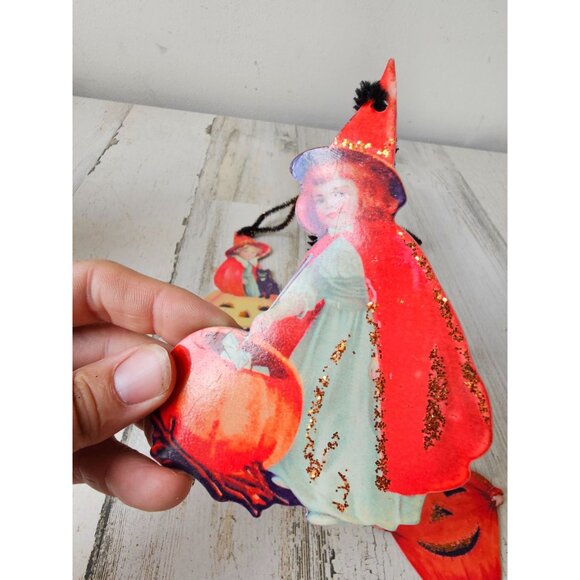 Ohio vintage Halloween witch pumpkin glitter ornament decor cat Bethany low styl - Picture 2 of 7